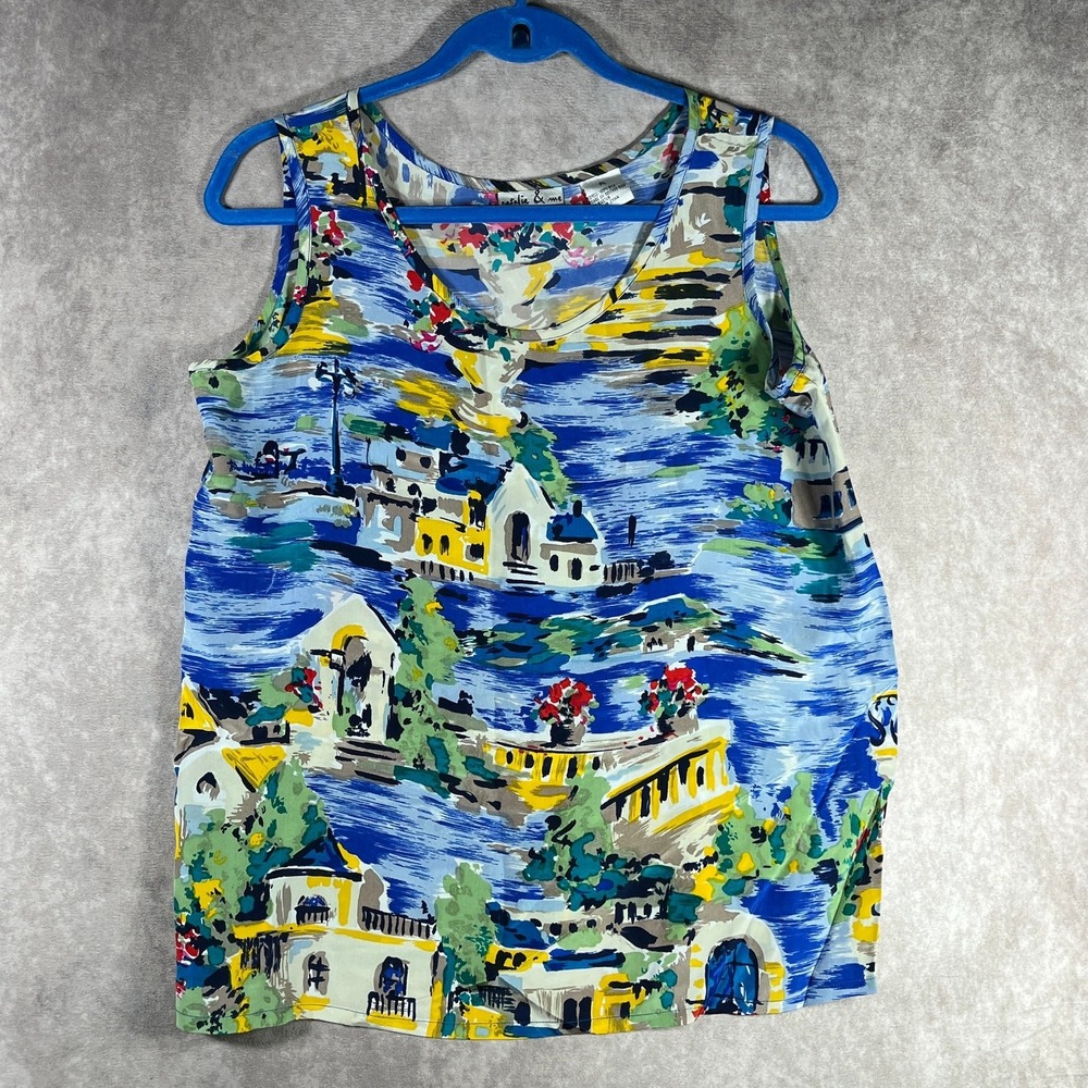Natalie & Me Silk Tank Top Womens PL Blue Nautical Scene Beach‎ Travel Resort
